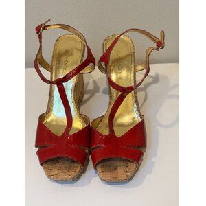 ENZO ANGIOLINI Emma Red Patent Leather Open Toe T-Strap Wedge Heels Sandals -8.5